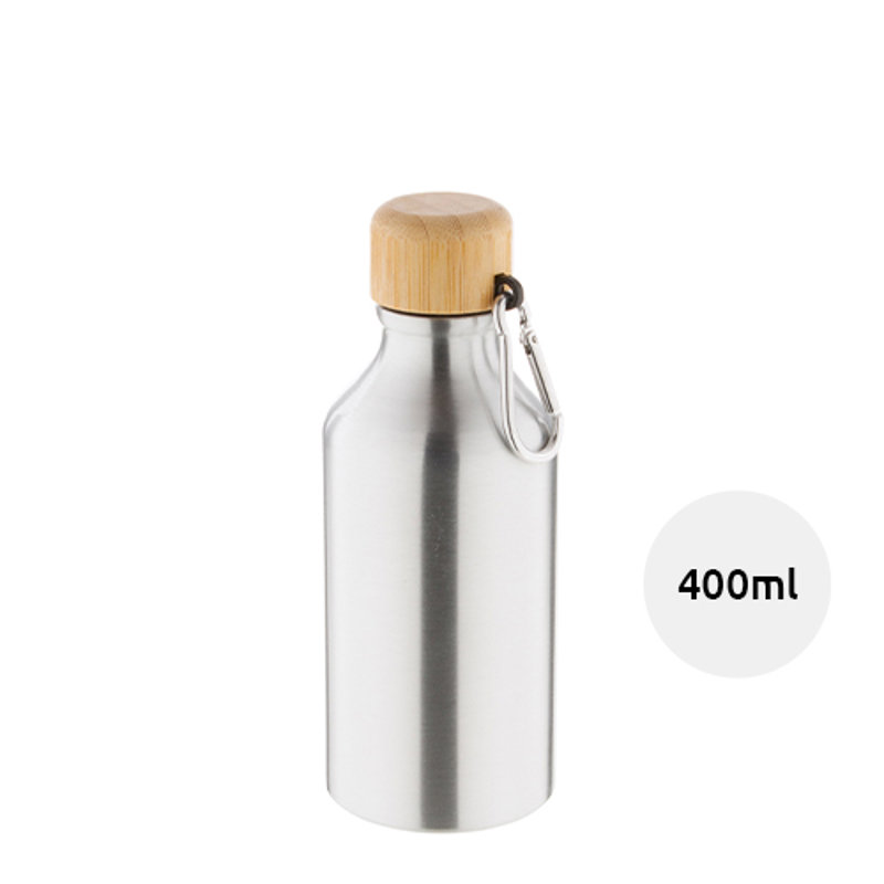 Borraccia in alluminio da 400ml con tappo in bambù e moschettone