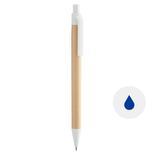 Penna a sfera in carta riciclata e particolari in plastica colorata biodegradabile con meccanismo a scatto e refill blu
