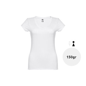 T-shirt da donna bianca scollo a v taglio aderente 100% cotone 150gr