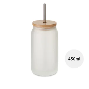 Barattolo da cocktail in vetro con coperchio in bambù e cannuccia in acciaio inox da 450ml ideale per sublimazione