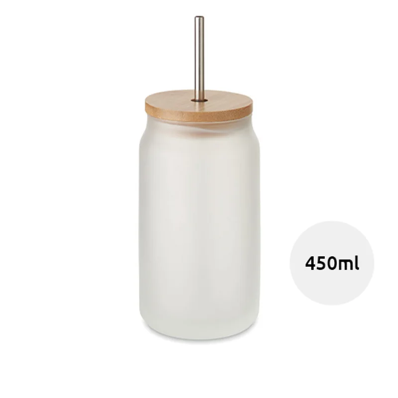 Barattolo da cocktail in vetro con coperchio in bambù e cannuccia in acciaio inox da 450ml ideale per sublimazione