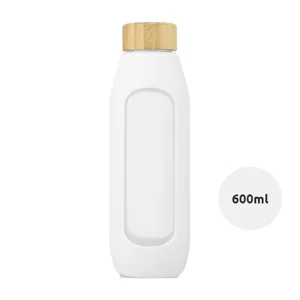 Borraccia in vetro borosilicato da 600 ml con impugnatura in silicone e tappo in bambù