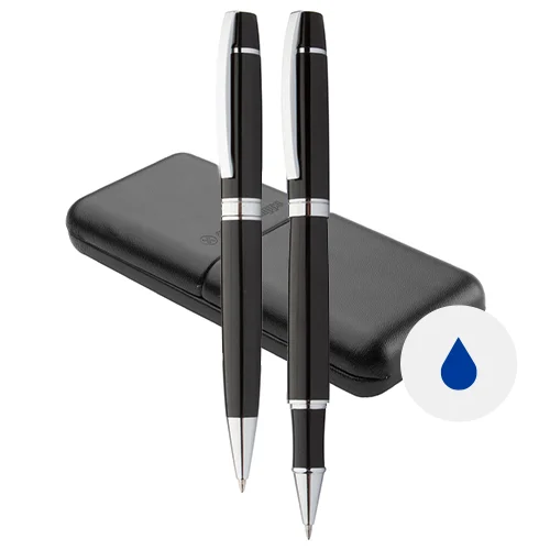 Set di penne a sfera e roller in metallo con finitura cromate lucide in confezione regalo in pelle PU e refill blu