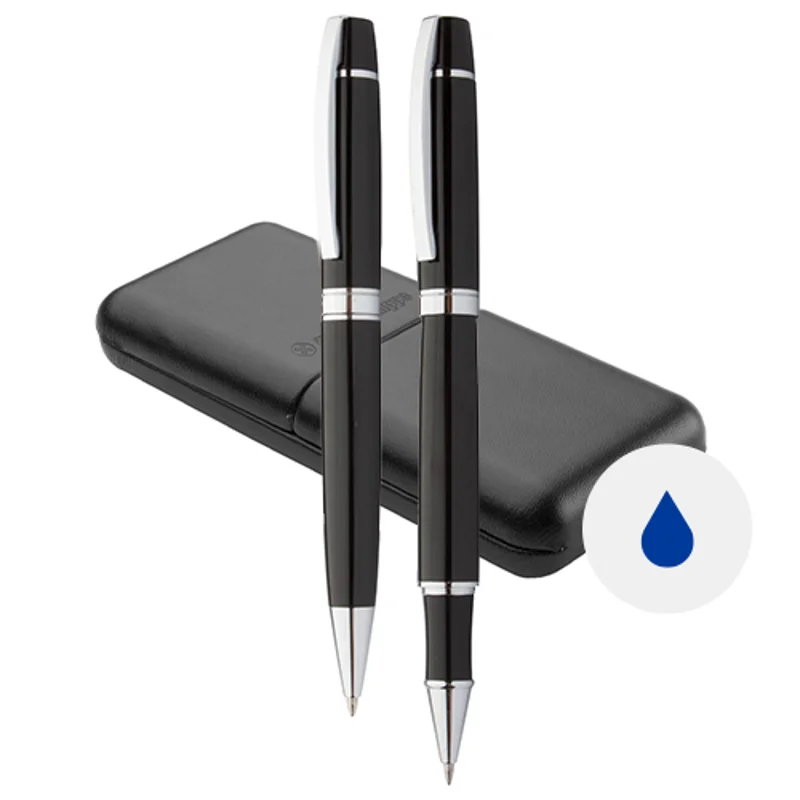 Set di penne a sfera e roller in metallo con finitura cromate lucide in confezione regalo in pelle PU e refill blu