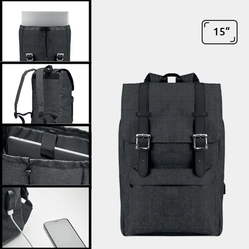 Zaino porta pc da 15'' in poliestere 600D con chiusura a calamita e cavo per ricarica USB
