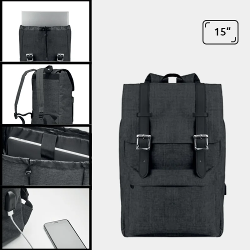 Zaino porta pc da 15'' in poliestere 600D con chiusura a calamita e cavo per ricarica USB
