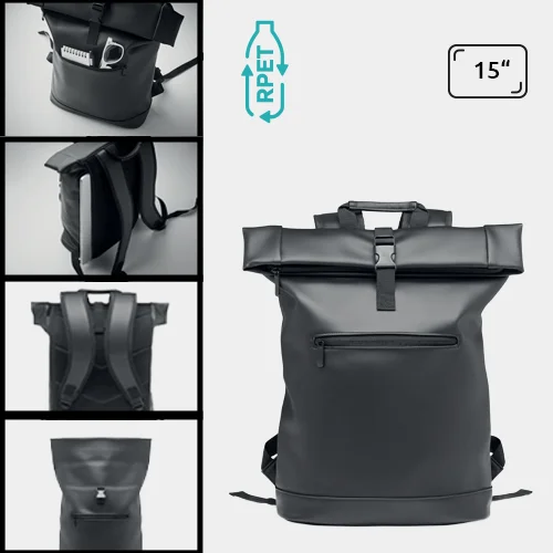 Zaino porta pc 15" rolltop in morbido PU e RPET con schienale imbottito e base rinforzata