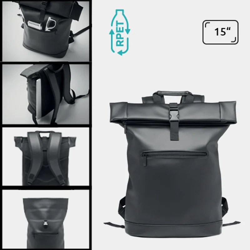 Zaino porta pc 15" rolltop in morbido PU e RPET con schienale imbottito e base rinforzata