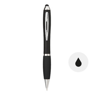 Penna a sfera in plastica con fusto colorato e impugnatura morbida e con punta touch a meccanismo a rotazione e refill nero