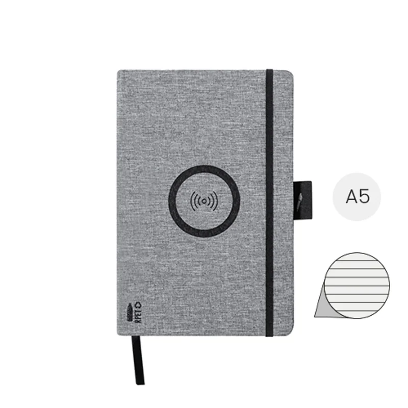 Block notes A5 con copertina in RPET e caricabatterie wireless sul fronte e 80 fogli a righe