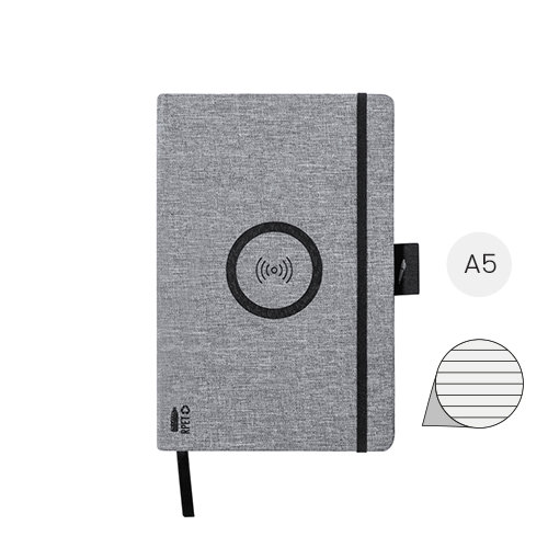 Block notes A5 con copertina in RPET e caricabatterie wireless sul fronte e 80 fogli a righe