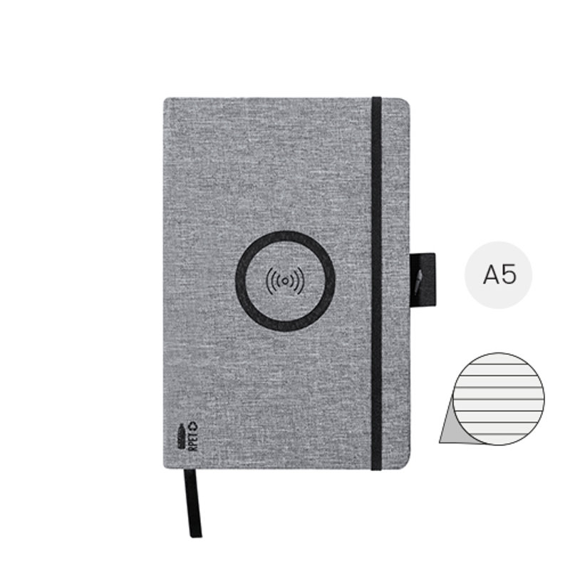 Block notes A5 con copertina in RPET e caricabatterie wireless sul fronte e 80 fogli a righe