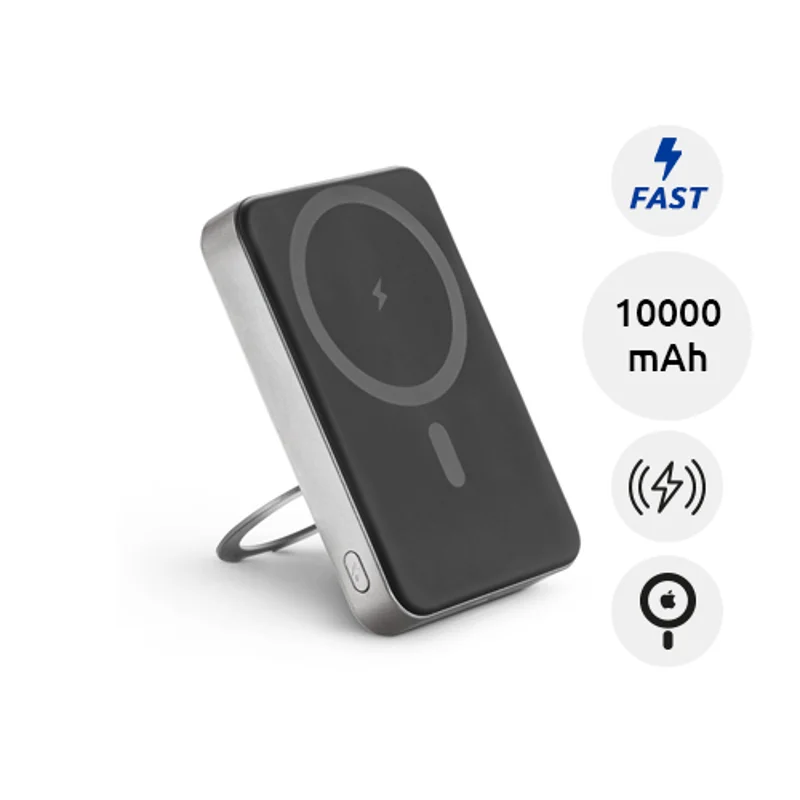 Power bank magnetico da 10.000 mAh in ABS riciclato con caricatore wireless superveloce e anello di supporto