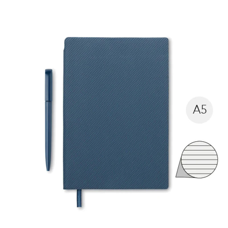 Block notes A5 in PU con penna e 80 fogli a righe in carta riciclata