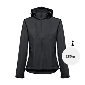 Giacca softshell da donna colori assortiti con cappuccio rimovibile in poliestere e foderato in pile 280gr
