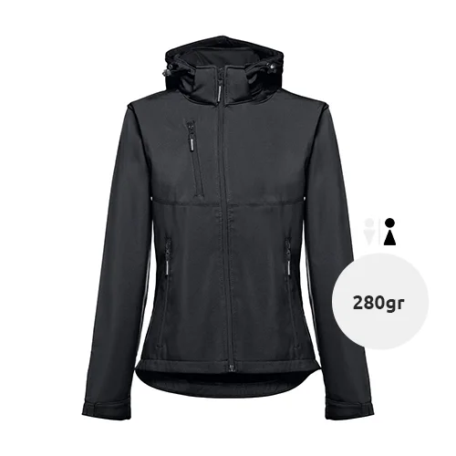 Giacca softshell da donna colori assortiti con cappuccio rimovibile in poliestere e foderato in pile 280gr