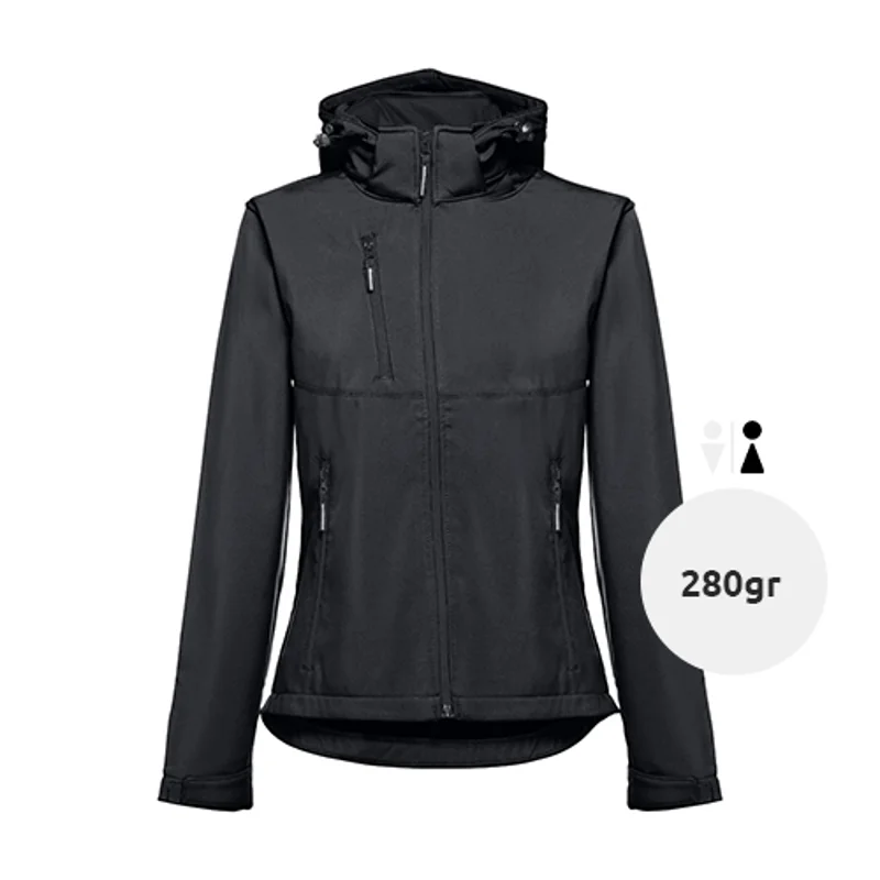 Giacca softshell da donna colori assortiti con cappuccio rimovibile in poliestere e foderato in pile 280gr