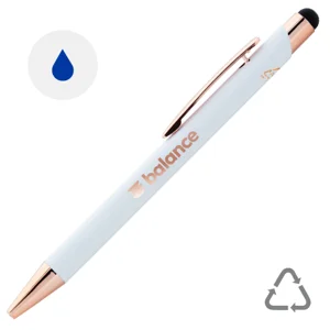 Penna a sfera in alluminio riciclato con finitura gommata e touch screen dettagli color oro rosa e refill blu