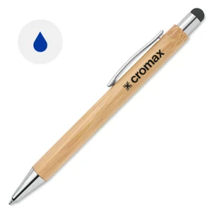 Penna a sfera in bambù con finiture cromata lucide e meccanismo a scatto e refill blu