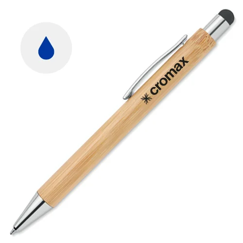 Penna a sfera in bambù con finiture cromata lucide e meccanismo a scatto e refill blu
