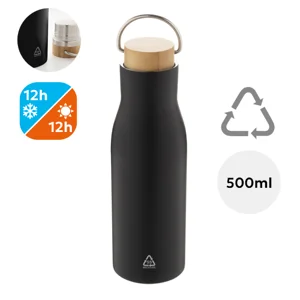 Borraccia doppia parete in acciaio inox riciclato con coperchio in bambù e manico 500ml