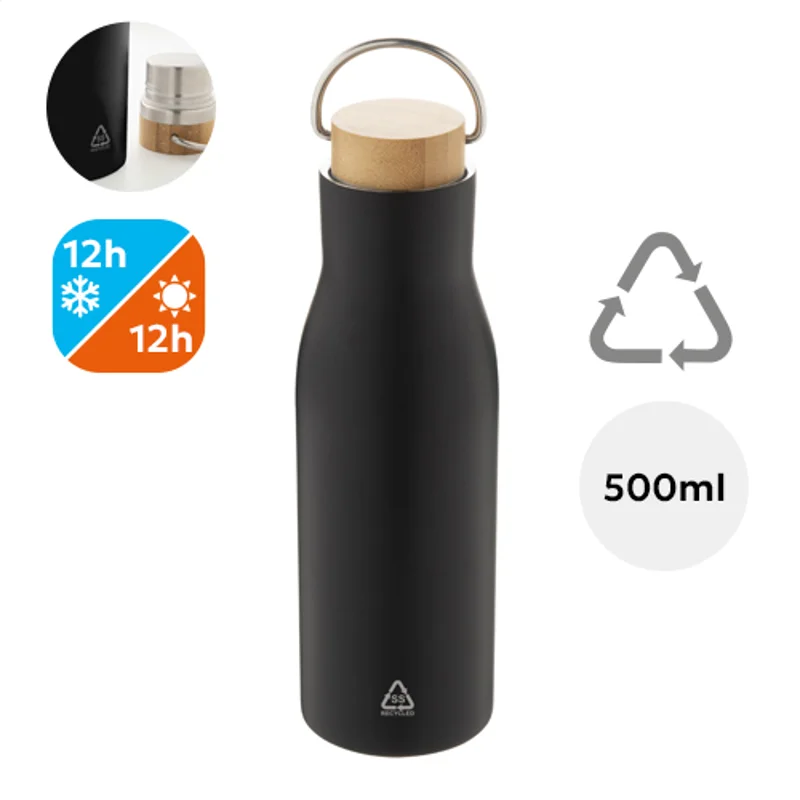 Borraccia doppia parete in acciaio inox riciclato con coperchio in bambù e manico 500ml