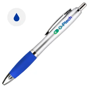Penna a sfera in plastica con corpo argentato e meccanismo a scatto refill blu