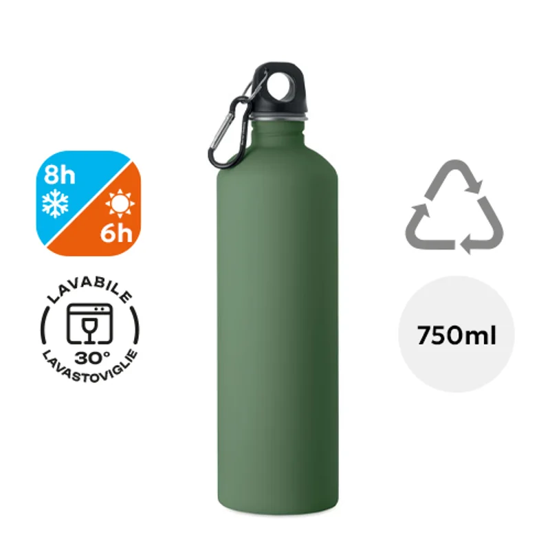 Borraccia termica in acciaio inox riciclato finitura gommata e moschettone 750ml