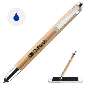 Penna a sfera in ABS e bambù con clip in metallo e punta touch meccanismo a scatto e refill blu