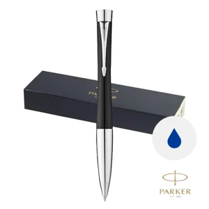 Penna a sfera Parker in alluminio disponibile in due colori nero e argento con meccanismo a scatto in confezione regalo e refill blu