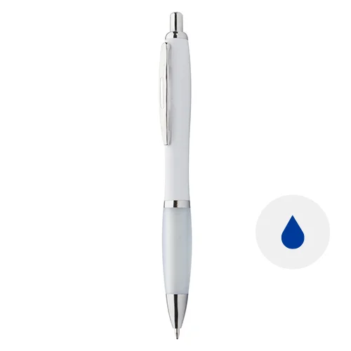 Penna a sfera in plastica con corpo bianco e impugnatura in gomma colorata con meccanismo a scatto e refill blu