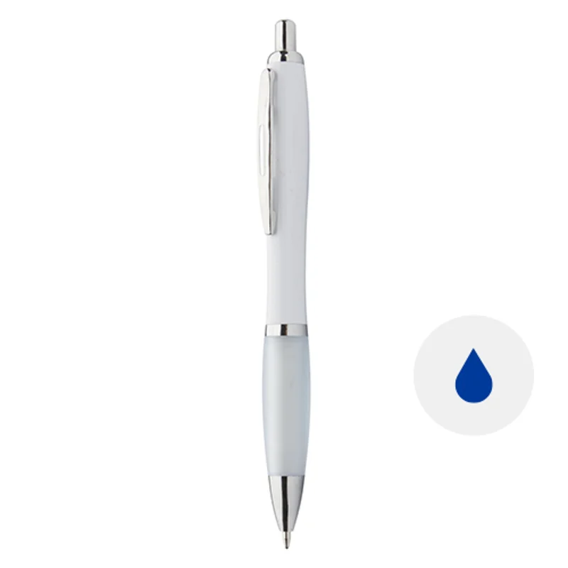 Penna a sfera in plastica con corpo bianco e impugnatura in gomma colorata con meccanismo a scatto e refill blu