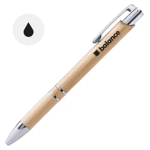 Penna a sfera in bambù con finiture cromate e meccanismo a scatto e refill nero