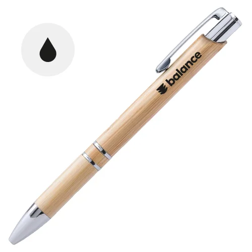 Penna a sfera in bambù con finiture cromate e meccanismo a scatto e refill nero