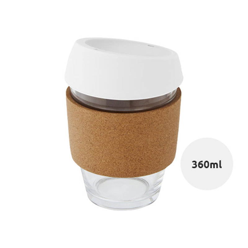 Bicchiere in vetro con impugnatura in sughero e coperchio in silicone 360ml