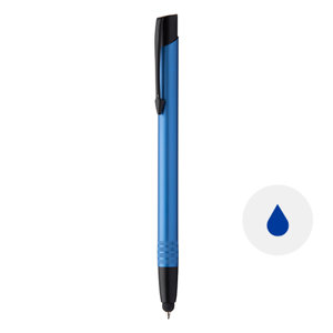 Penna a sfera in alluminio con fusto anodizzato e con punta touch e meccanismo a scatto a refill blu