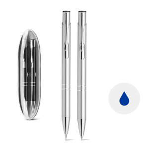 Set con penna a sfera con refill blu e matita portamine in metallo entrambe con meccanismo a scatto fornite in confezione regalo
