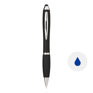 Penna a sfera in plastica con fusto disponibile in vari colori e impugnatura morbida con punta touch e meccanismo a rotazione a refill blu