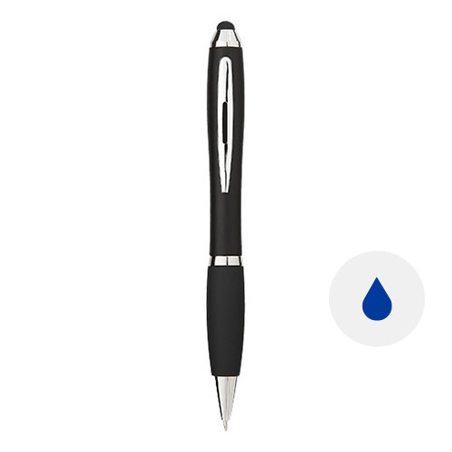 Penna a sfera in plastica con fusto disponibile in vari colori e impugnatura morbida con punta touch e meccanismo a rotazione a refill blu