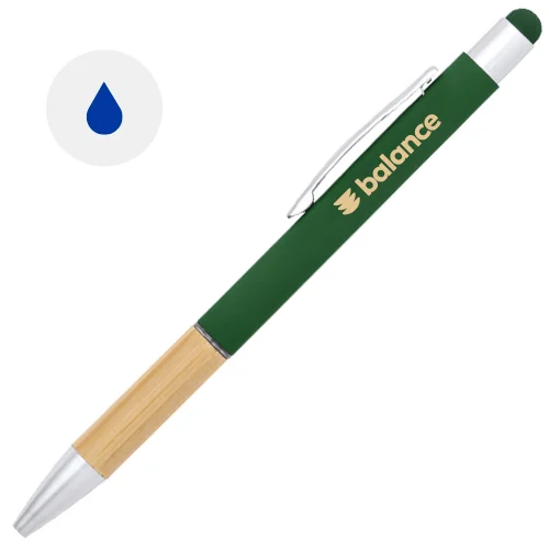 Penna a sfera in bambù e alluminio con finitura opaca in diversi colori e punta touch a refill blu