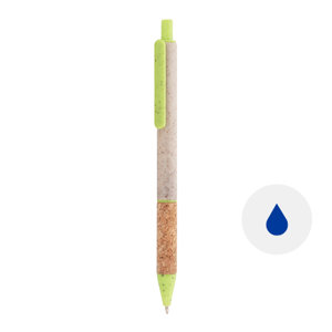 Penna a sfera in plastica ecologica di paglia di grano con impugnatura in sughero naturale refill blu