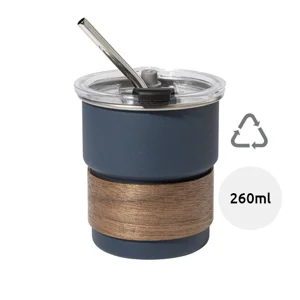 Tazza inox riciclato a parete singola con presa in legno di noce cannuccia e coperchio da 260ml