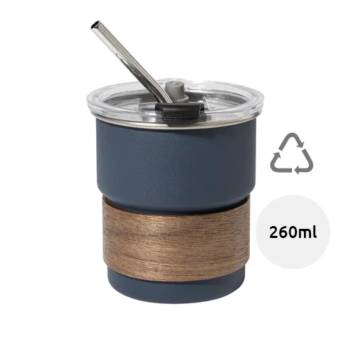 Tazza inox riciclato a parete singola con presa in legno di noce cannuccia e coperchio da 260ml