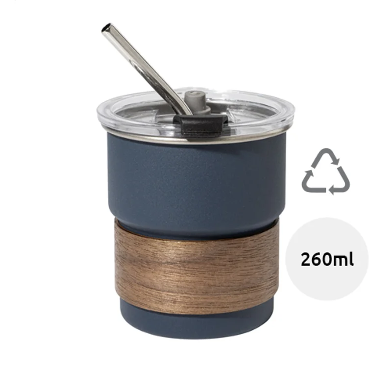 Tazza inox riciclato a parete singola con presa in legno di noce cannuccia e coperchio da 260ml