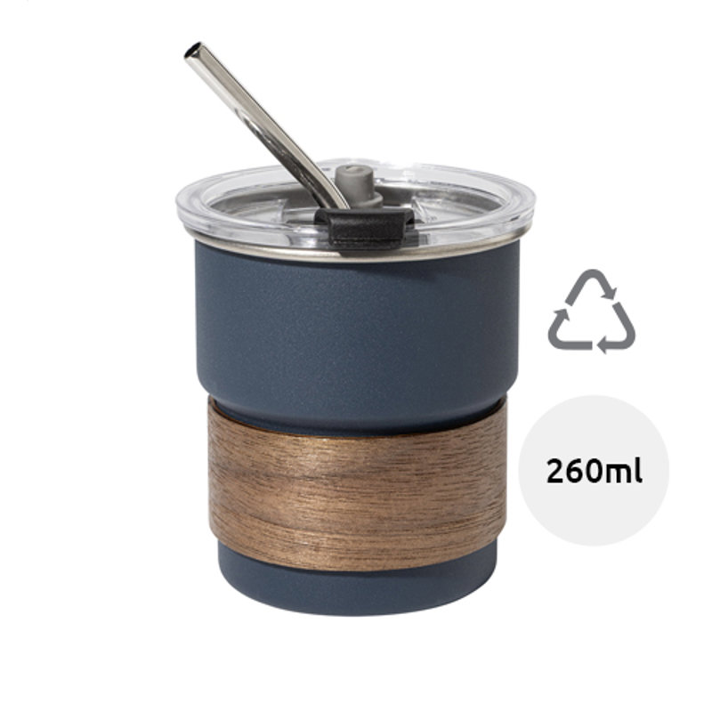 Tazza inox riciclato a parete singola con presa in legno di noce cannuccia e coperchio da 260ml