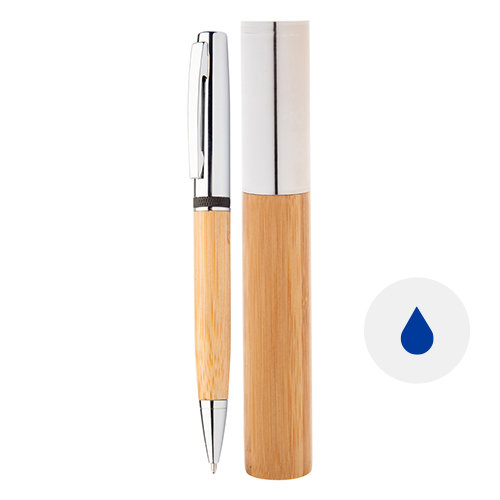 Penna a sfera in metallo e fusto in bambù e parti cromate con meccanismo a rotazione in confezione regalo e refill blu