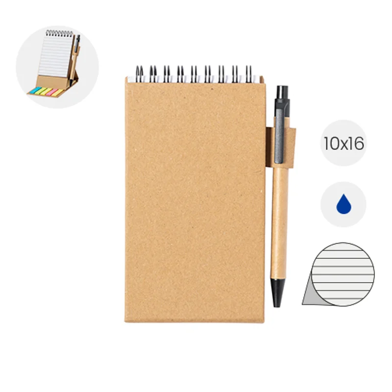 Block note pieghevole a spirale a righe e fogli adesivi con copertina in carta riciclata inclusa penna refill blu da 105×160×15mm