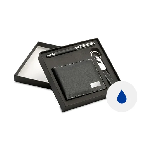 Set regalo completo di portafogli e portachiavi in PU con penna a sfera a refill blu