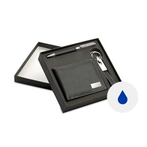 Set regalo completo di portafogli e portachiavi in PU con penna a sfera a refill blu