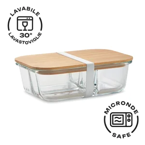 Porta pranzo in vetro borosilicato con 3 scomparti coperchio in bambù e fascia in silicone 800ml
